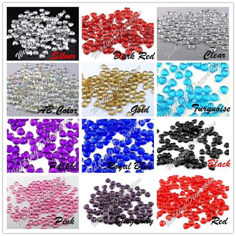 

500pcs/lot Size 6mm 16 Colors Acrylic Heart Shaped Crystal Confetti Heart Table Scatter Confetti With Tip Bottom