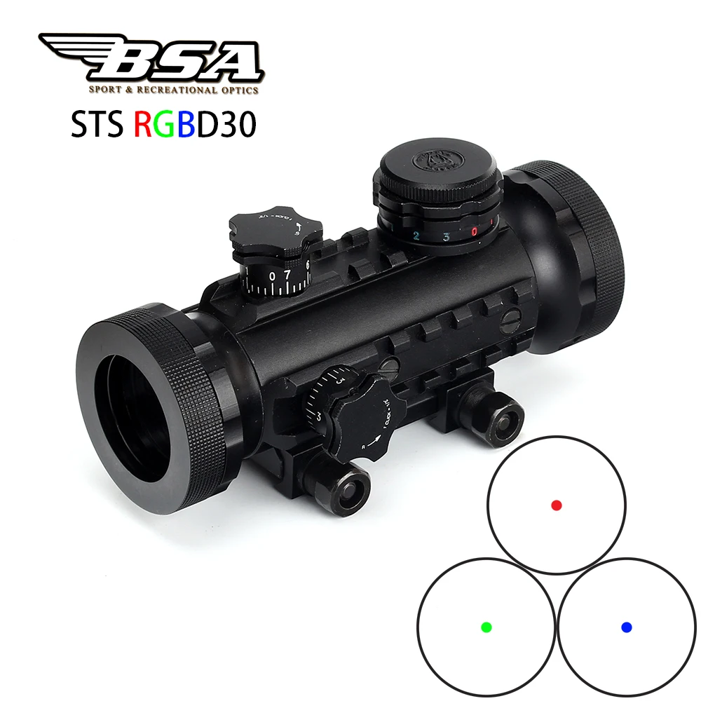 

Tactical BSA STS RGBD30 Stealth Hunting Illuminated 1X30 Red Green Blue Dot Sight Scope with Tri-Rail Weaver Picatinny Mount
