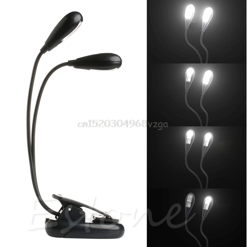 Flexible 2 Dual Arms Clip On 4 LED Light Lamp for Book Reading Tablet