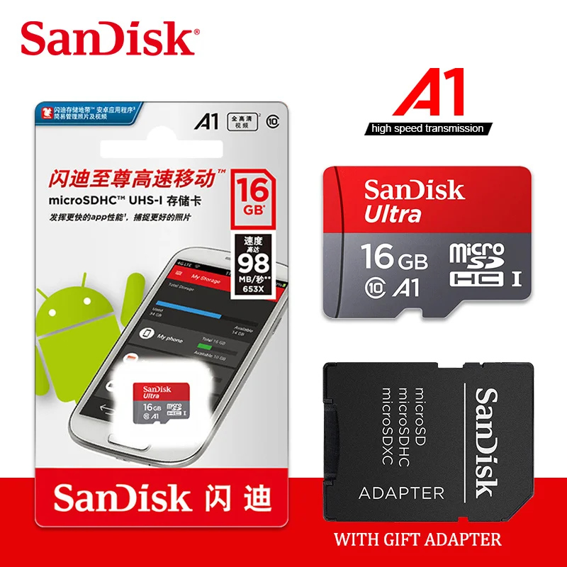 Карта памяти SanDisk A1, 200 ГБ, 128 ГБ, 64 ГБ, 98 МБ/с./с, 32 ГБ, Micro sd карта, класс 10, UHS-1, флеш-карта, память Microsd, TF/sd карта s для планшета - Емкость: 16GB with adapter