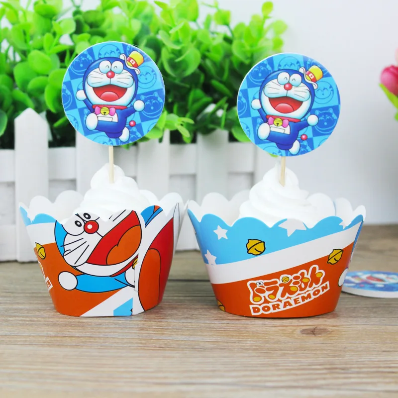 Free shipping 24pcs Doraemon Party Paper Cupcake wrappers toppers for