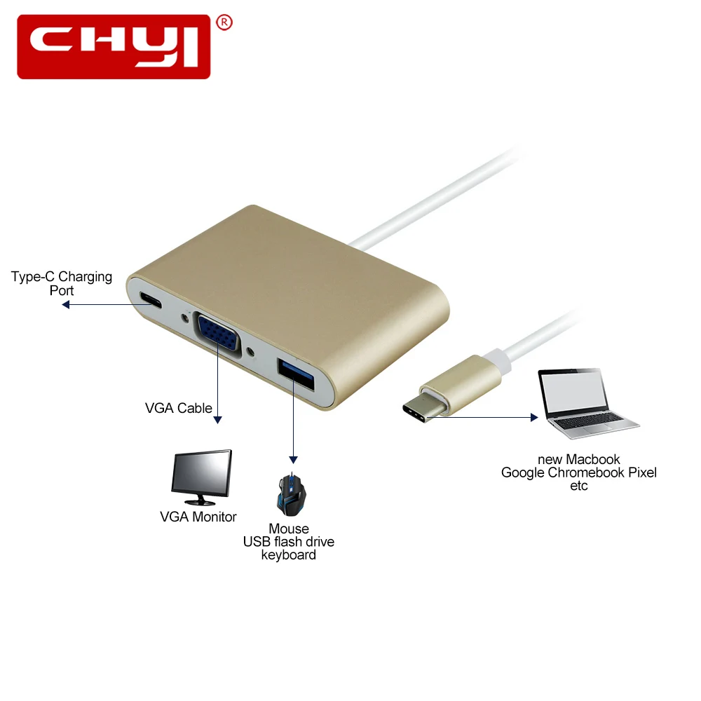 

USB 3.1 Type-C To VGA Multi-Port USB 3.0 Type C Adapter Male to Female Converter Hub USB Charging Port For New Macbook 12 inch