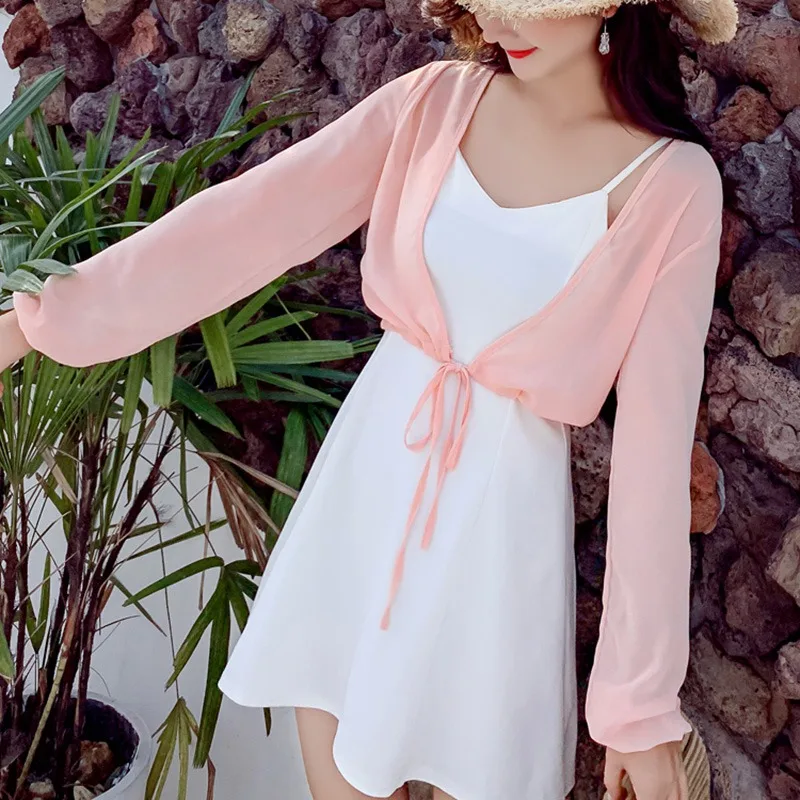 

Women Lace Up Perspective Chiffon Shirt Kimono Cardigan Solid Long Sleeve Loose Short Blouse Summer Cover Up Beach Plus Size