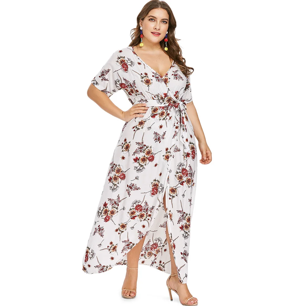 Kenancy Plus Size Front Slit Floral Print Dress Floor Length Dress with ...