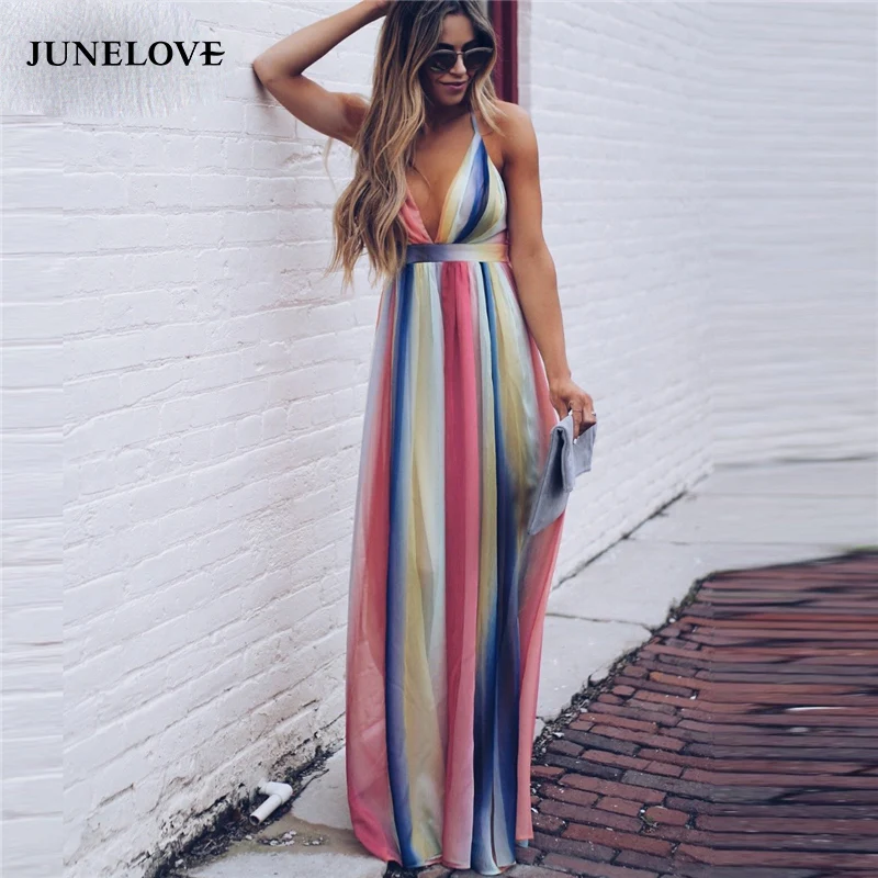 

Boho Deep V neck Sexy Color Striped Chiffon Maxi shirt Dress Women Summer Backless Strap Beach shirt Dress Streetwear Vestidos