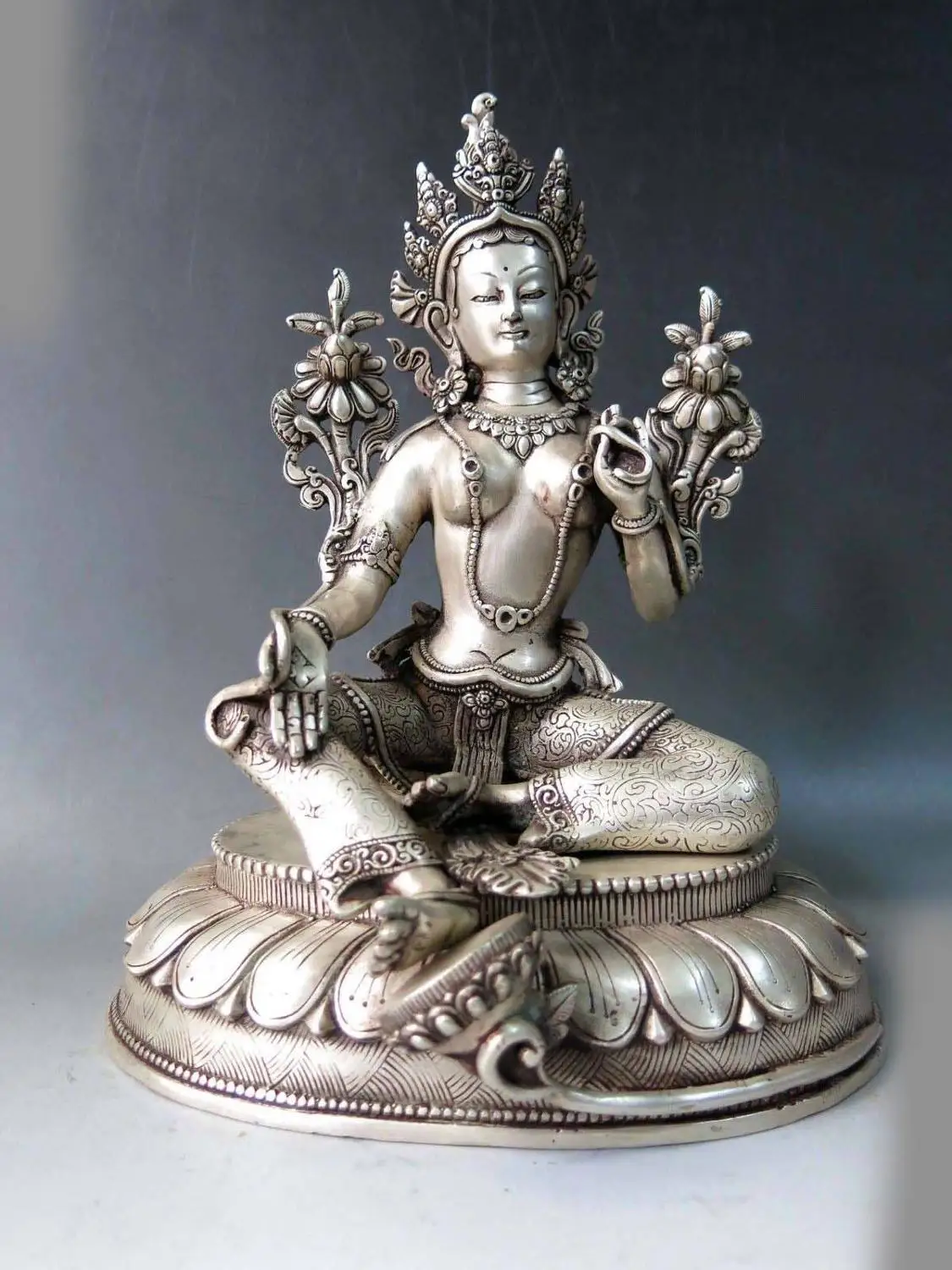 

11" China silver Buddhism lotus flower hand Green Tara Kwan-yin buddha Statue
