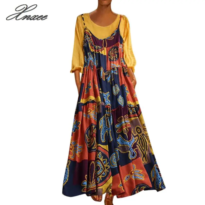 Dress Women Plus Size Patchwork Two-piece Linen Long Dresses Summer Vintage O-Neck Wrist Print Bohemian Maxi Dress - Цвет: Цвет: желтый