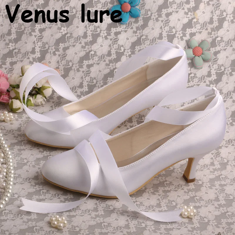 Handmade Ribbon Lace up Shoes for Bride Ladies Wedding Shoes White