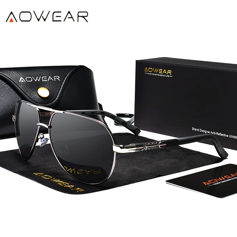 Kopen AOWEAR Classic Heren Zonnebril Mannelijke Luchtvaart Aluminium Gepolariseerde Zonnebril Mannen 2018 Merk Designer HD Bril Spiegel