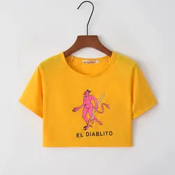 Сексуальная тонкая талия обрезанная футболка Женская мода хлопок мультфильм принт футболка лето желтый трикотажная футболка с круглым