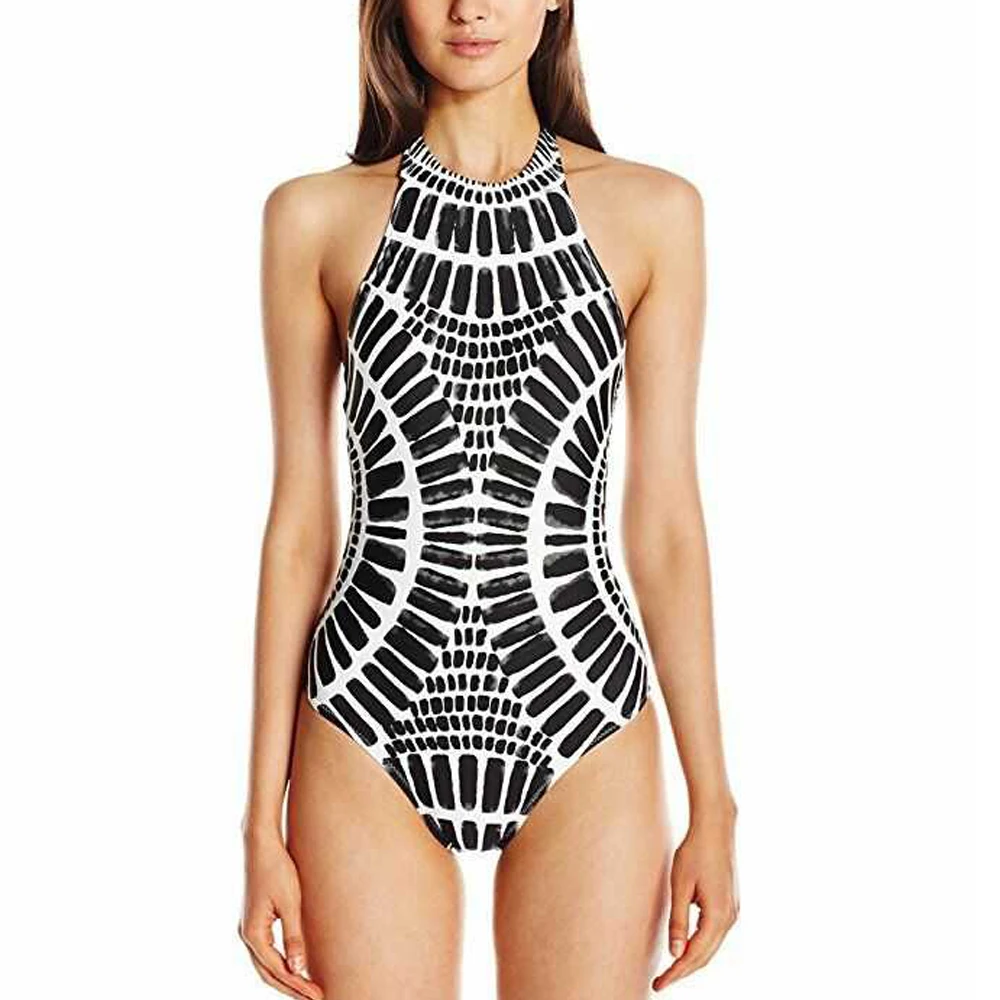 

High Neck One Piece Swimsuit Striped Print Swimwear Women Bandage Monokini Open Back Trikini Pad Bathing Suit Backless Beachwear