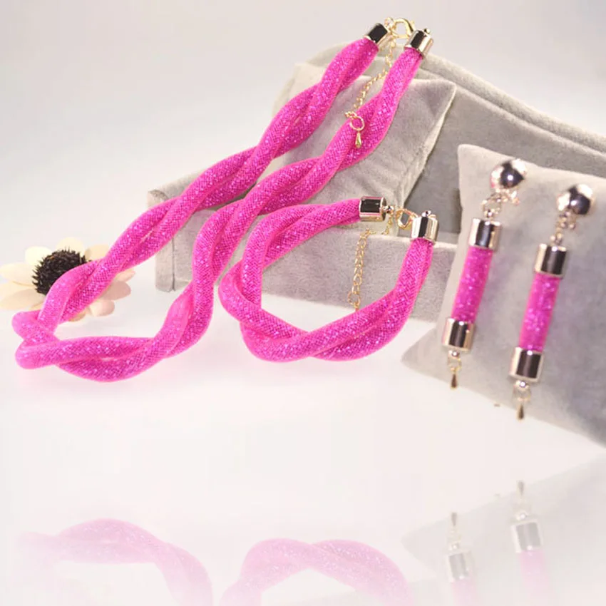 New shinning fuschia necklace earring bracelet wedding jewelry bridal