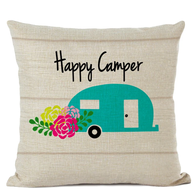 Happy Camper наволочка для подушки, декоративные подушки для дома, сада, наволочка, льняные подарки, Cojines Decorativos Para Sof