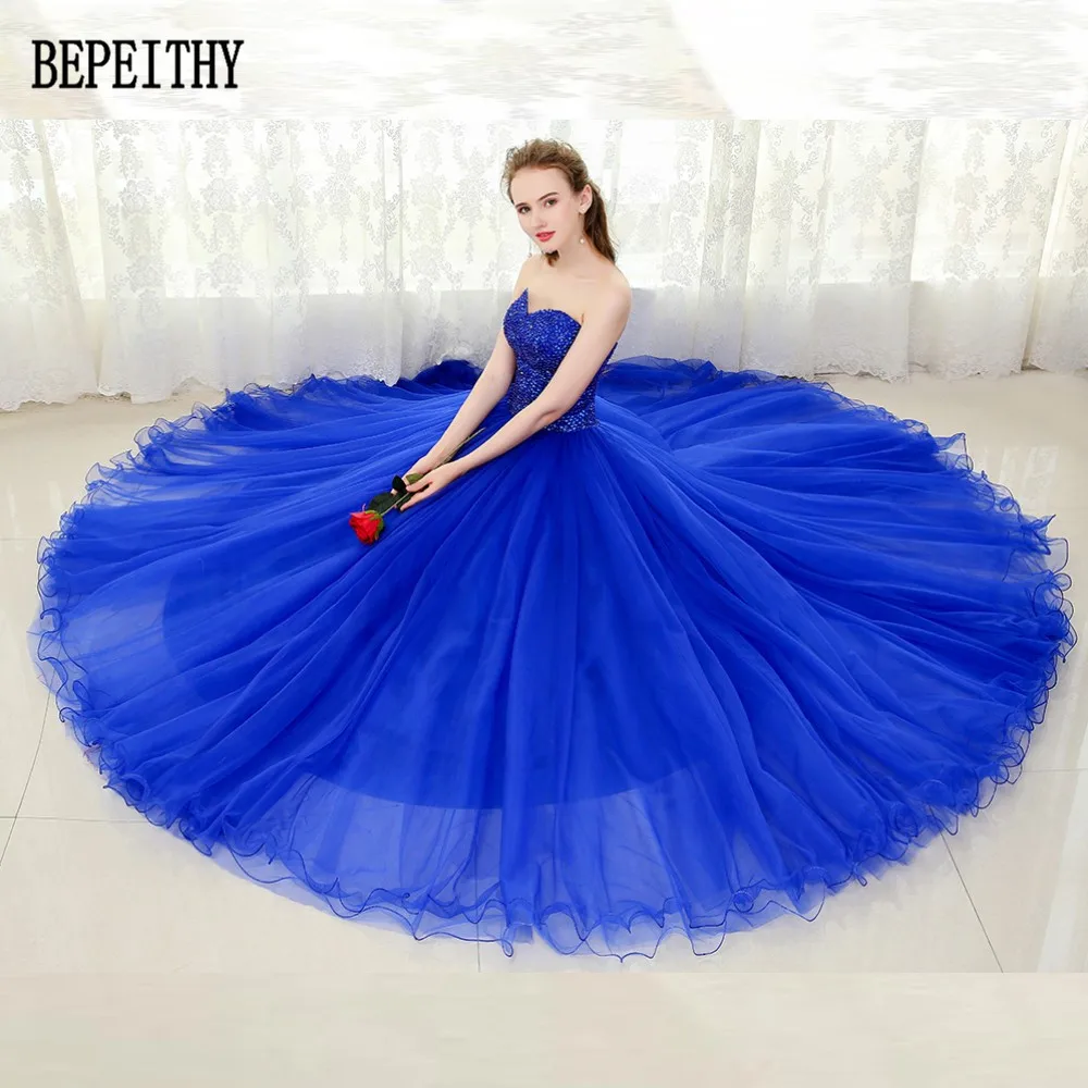 BEPEITHY vestido de festa Настоящее фото милое Тюлевое платье длиной до пола с бисером и блестками бальное платье Королевский синий платье для выпускного вечера