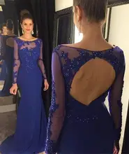 Royal Blue Illusion Langen Ärmeln Spitze Applique Perlen Nixe-abschlussball 2016 Neue Design Scoop Open Back Chiffon Abendkleider