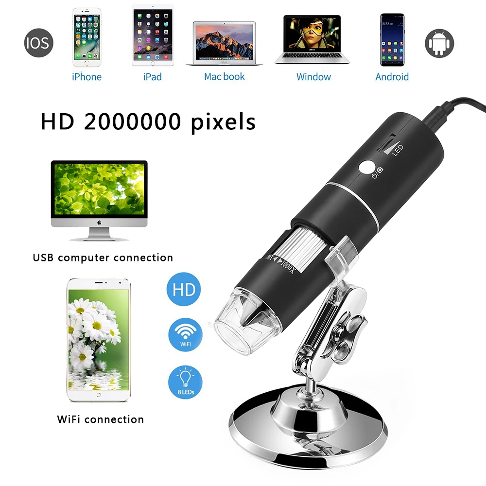 

New 1000x Microscope Magnifier Camera HD 1080P WIFI Digital for iPhone Android For iPad Built-in Rechargeable battery