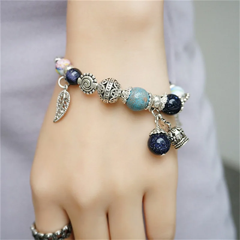 Charm Bracelet &amp Bangle Antique Silver Color Beads Leaf Crown Pendant Party Jewelry Gift For Women Girl | Украшения и
