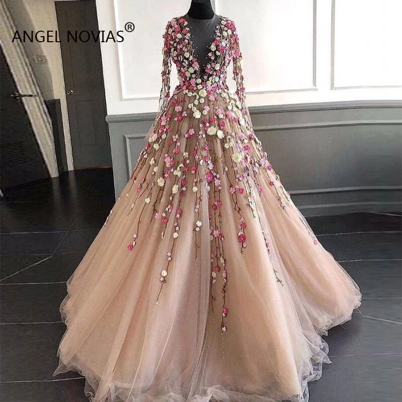 Angel Novias, длинные рукава, цвета шампанского, кружевные арабские Длинные вечерние платья без рукавов, платье с 3D цветами, Vestidos De Noche