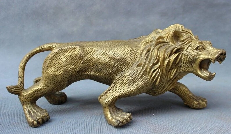 

12" Folk Chinese Brass Animals FengShui Wild Ferocious Lion Leo Statue Sculpture
