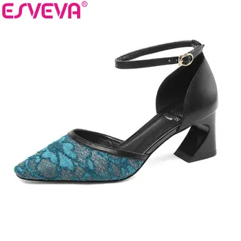 

ESVEVA 2019 Ladies Sandals High Heel Elegant Ladies PU+Leather Ankle Strap Women Shoes Round Toe Size 34-43