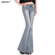 Весенняя мода горный хрусталь Бисер полной длины Джинсы женские низкая наручные расклешенные брюки промывают Винтаж Slim Fit Брюки C073