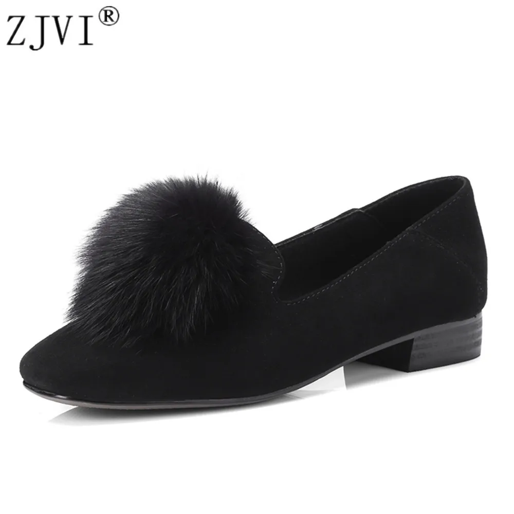 

ZJVI women nubuck suede genuine leather pumps woman square heels shoes ladies fashion 2019 spring autumn sexy fur party shoes