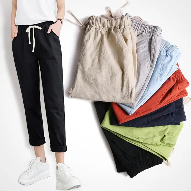 

Women Casual Loose Cotton Linen Drawstring Thin Cropped Harem Pants Cuffed Plain Solid Color Straight Trousers With Pocket M-2XL