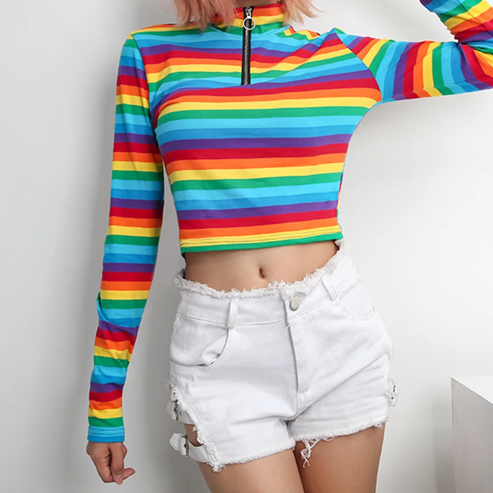 Striped Rainbow Colorful shirt Women Long Sleeve Turtleneck Zipper Up ...