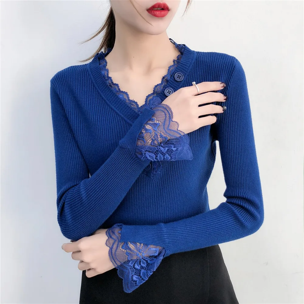 2019 Autumn Winter V-neck Knitted Pullover Sweater Lace Stitch Trumpet Sleeve Sweaters Plus Size Women Jumper Pull Femme R311 | Женская