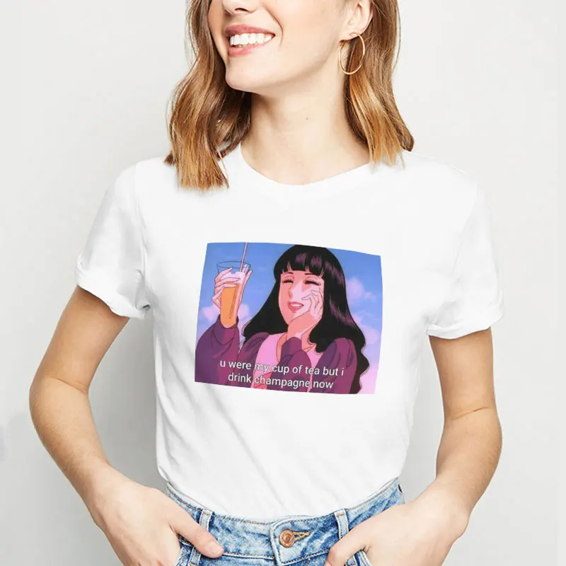 

CZCCWD T Shirts Women 2019 Summer Top Fashion U Were My Cup Of Tea But I Drink Champagne Now Cool Letter Printed Tshirt Clothes