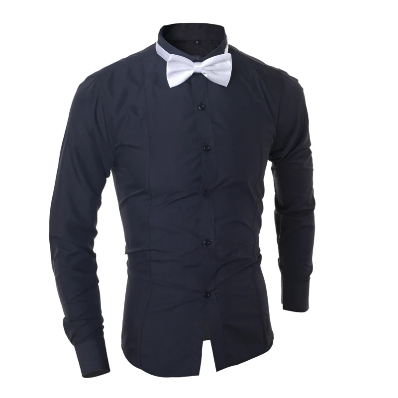Дизайн стильные модные классические мужские рубашки с галстуком-бабочкой pure длинный рукав чистый цвет молодой человек формальная рубашка Slim fit
