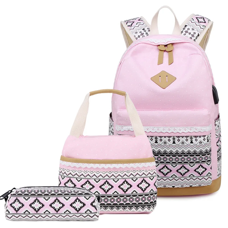 pink Модный женский рюкзак с принтом, usb-порт, школьные сумки для девочек-подростков, женский рюкзак, комплект, сумка тоут для ланча - Color: pink