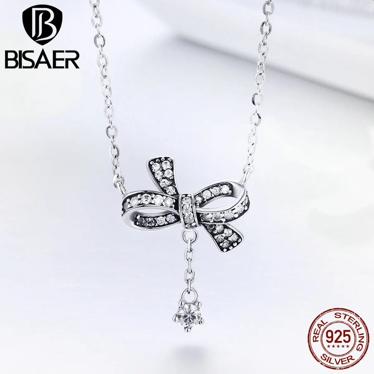 

BISAER Authentic 925 Sterling Silver Collar Sweet Bowknot Dazzling CZ Crystal Women Pendant Necklaces Silver Jewelry ECN238