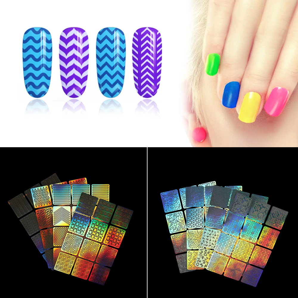 

4 Sheet/Set Nail Art Laser Hollow Stickers Nail Vinyls 3D Image Transfer Guide Stencil Set Heart Star Fish Pattern Tip Decals