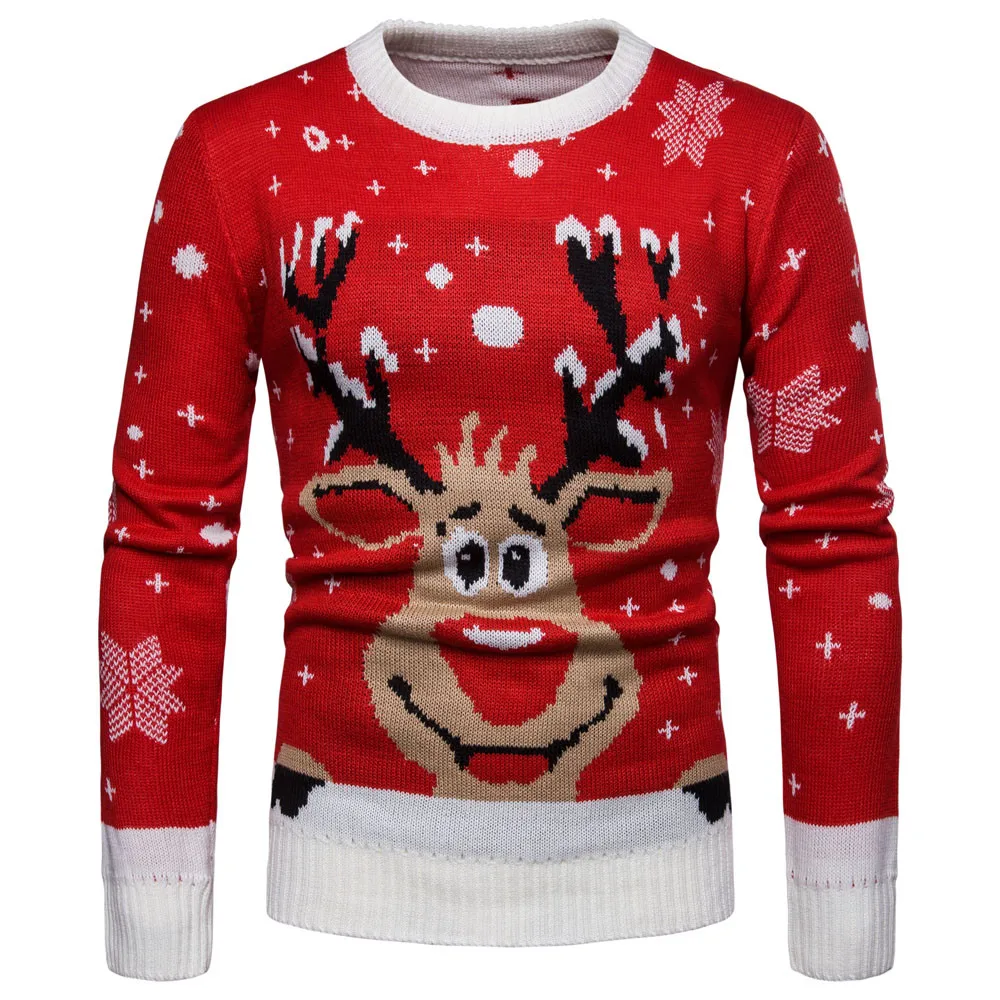 Вязаный свитер с рождественским принтом для мужчин, Осень-зима, теплый, с круглым вырезом, Повседневный, с длинным рукавом, облегающие пуловеры, топы, трикотаж, Pull Homme