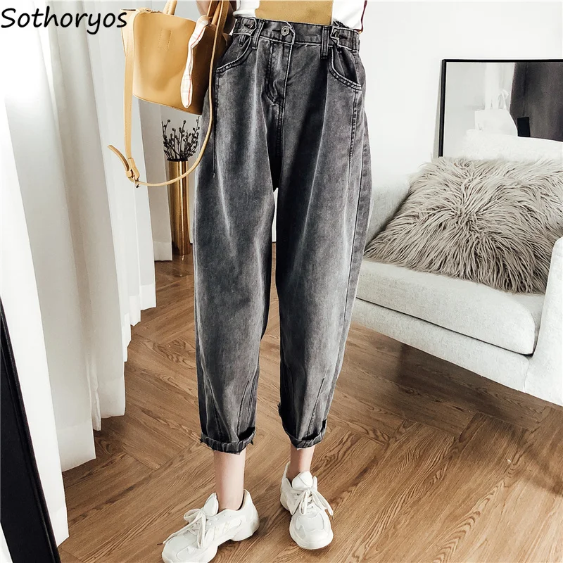 

Jeans Women Simple Retro Solid All-match Loose Trendy Students Korean Style Womens Soft Female Large Size Ankle-Length Trousers