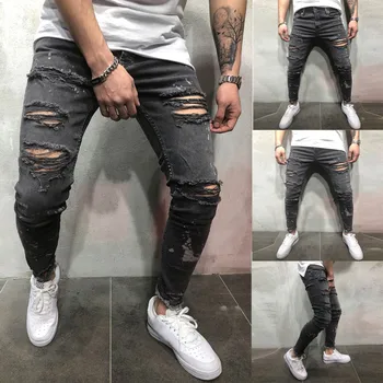 

KLV 2019 TOP Men's Printed Denim Cotton Vintage Wash Hip Hop Work Trousers Jeans Pants BK 12.20