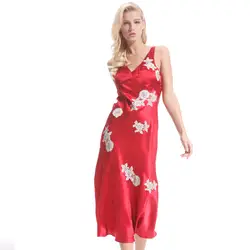 Для женщин платье 100% чистый шелк цветочный принт кружево широкий плечевой s Ночная длинное Размеры M, L, XL Красный