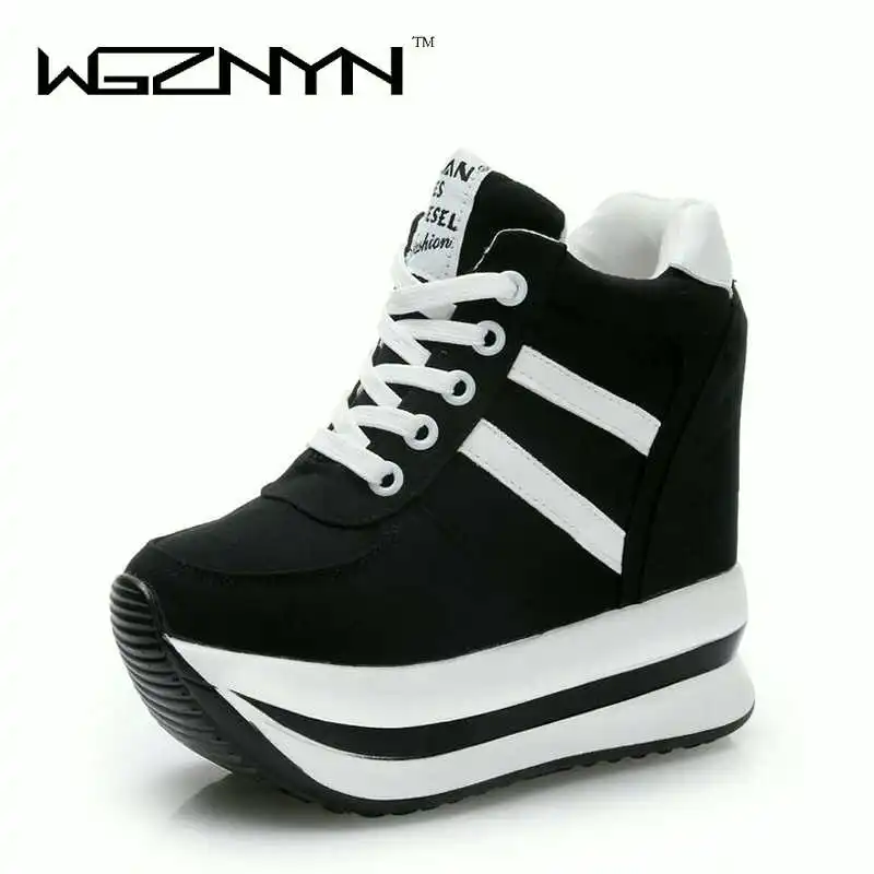 

Autumn Women High Platform Shoes Height Increasi Canvas Shoes woman 12 CM Thick Sole Trainers Breathable Shoes White Sneakers W6