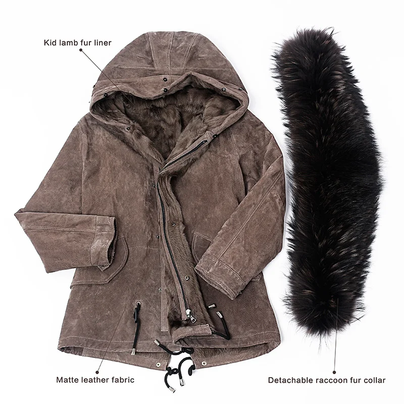 HUYOU енотовая Парка женская куртка из натурального меха для женщин утолщенная шуба из натурального меха Натуральная Овечья шерсть
