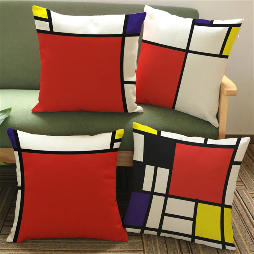 Baru Moden Colorful Mondrian Grid Percetakan Kusyen penutup Linen Cotton Bantal Kes Square 45 * 45cm Produk tekstil rumah