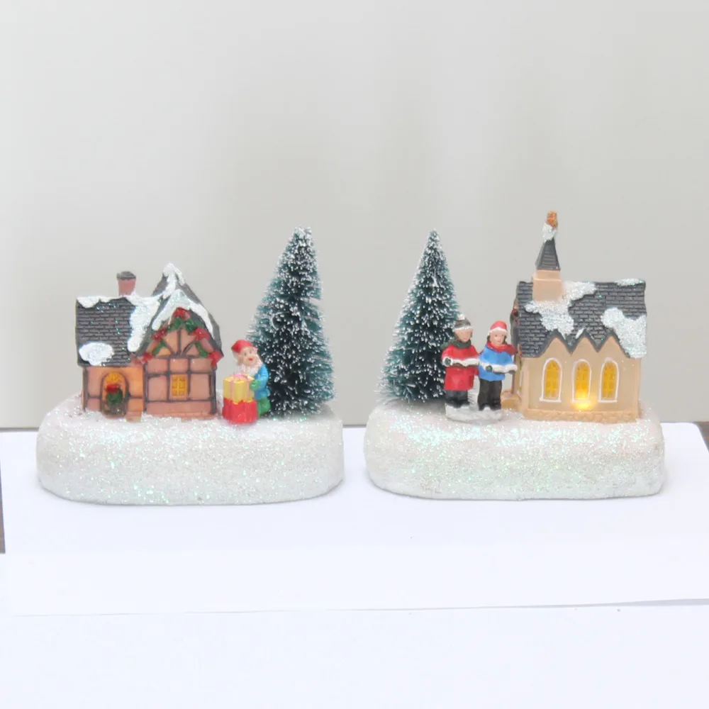 Рождественская традиционная фигурка орнамент дом деревенская елка Санта и хоры светодиодный светильник Декор(рождественский кукольный дом набор из 2
