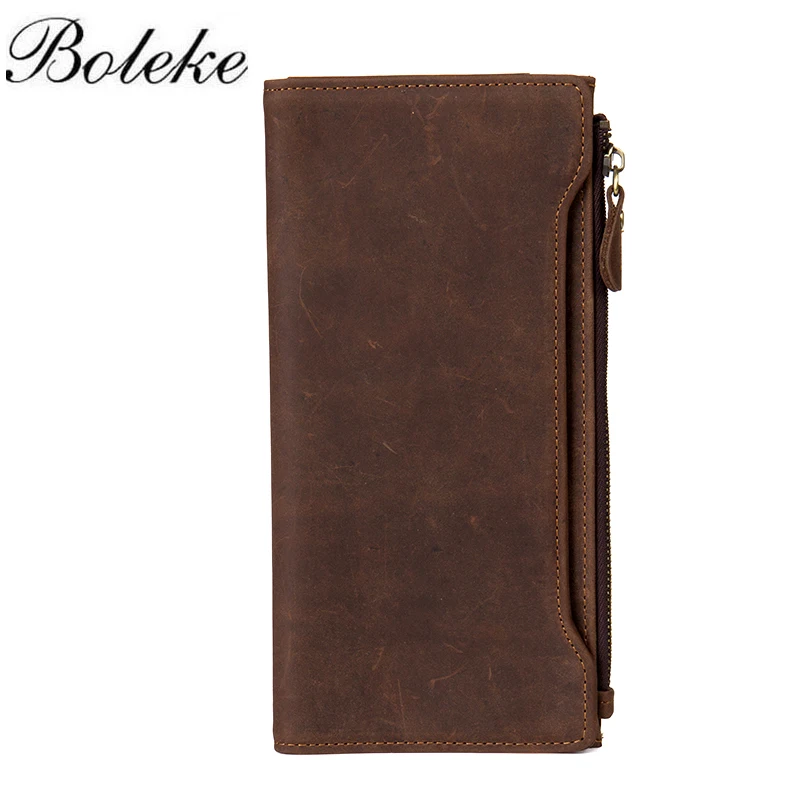 

Men Crazy Horse Genuine Leather Clutch Zipper Clasp Card Holder Slim Wallet Vintage Male Handmade Purse Carteria Masculina