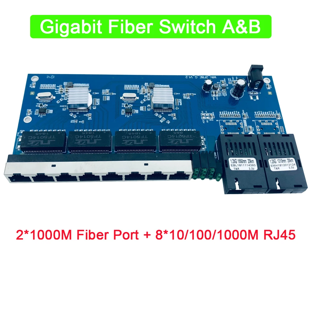 

2 Gigabit Fiber SC Port 8*10/100/1000Mbps RJ45 Ethernet Fiber Switch Single Fiber Single Mode media converter PBCA Board