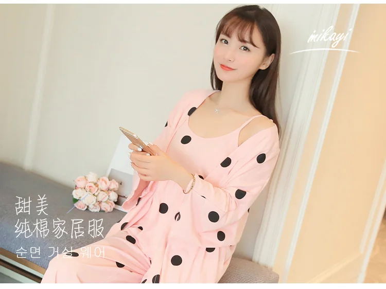 Волна точка из чистого хлопка Домашняя одежда Корейская версия из трех наборов милые сексуальные пижамы весна небольшой свежий костюм