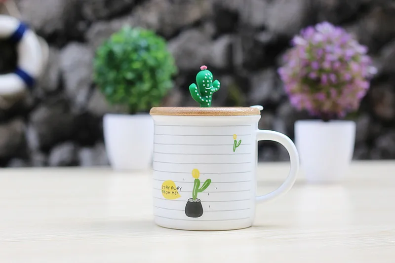 С крышкой кактус керамические чашки креативные растения деревянные Чехлы ложки чашки для студентов бытовой спальни кружки для кофе и молока 10*9*8,2 см