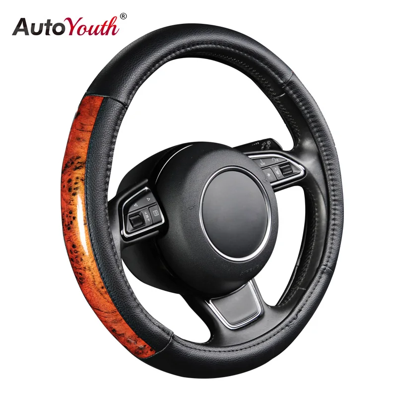 

AUTOYOUTH Elegant Fashion Steering Wheel Cover Small Black Lychee Stitching Wood Grain Diameter 38cm Suitable For ford focus 2