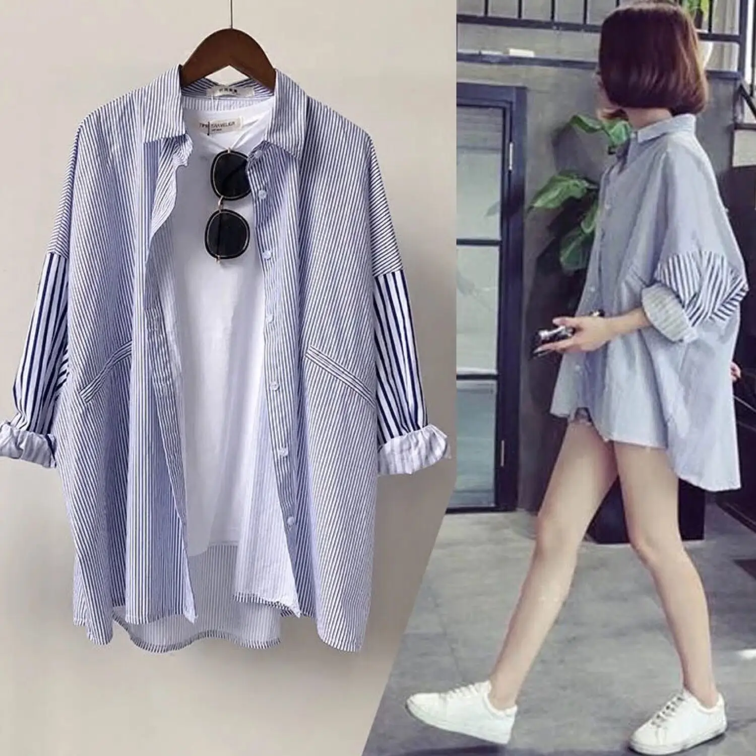 

Mr.nut 2019 spring striped long section long sleeve large size student wild loose blouse