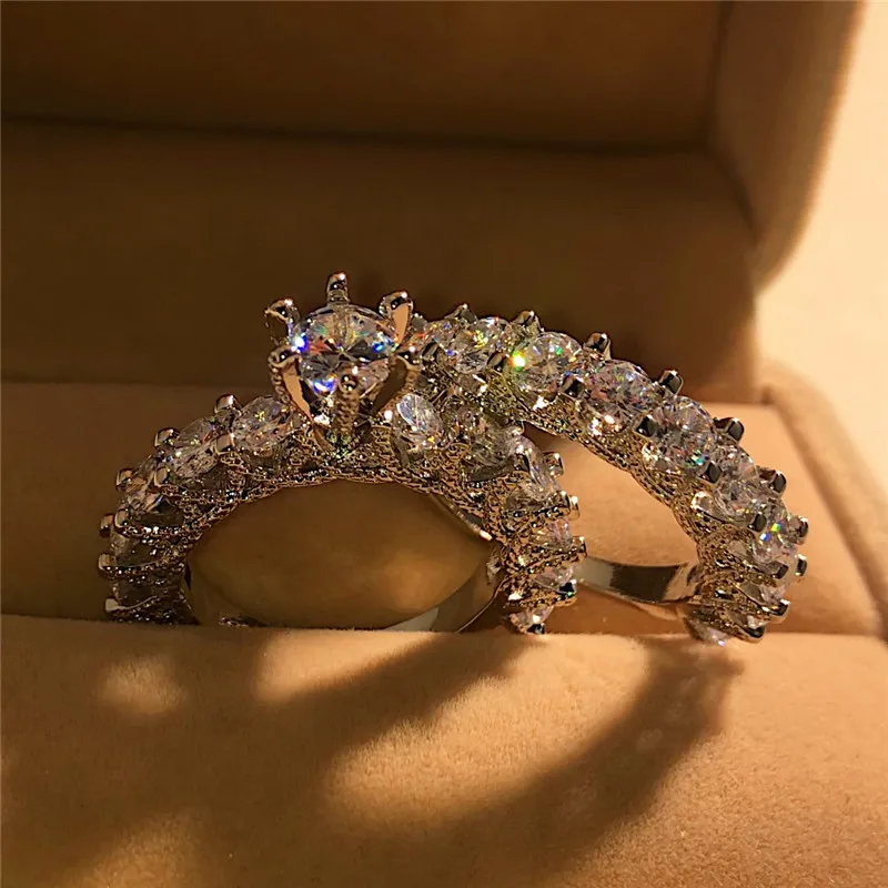 Роскошный Кристалл женский циркон обручальное кольцо набор Модный женский серебряный набор ювелирные изделия обещают обручальные кольца для влюбленных женщин