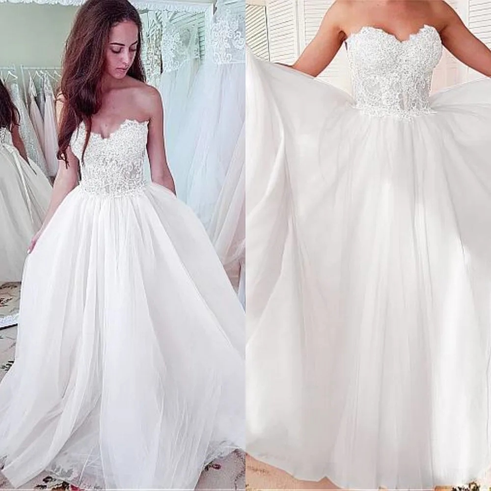 

Splendid Tulle Sweetheart Neckline A-line Wedding Dresses With Beaded Lace Appliques Lace up Back Bridal Gowns Vestidos de novia